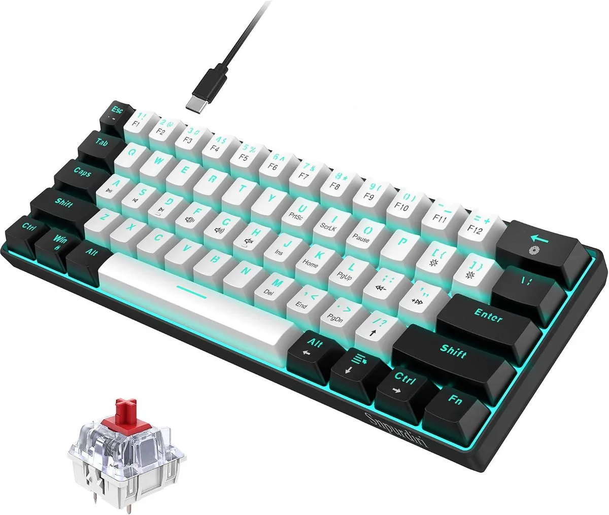 TUKO TUKO 60% 61-Key Wired Mechanical Gaming Keyboard Red Switch Ice Blue LED Black White — product photo