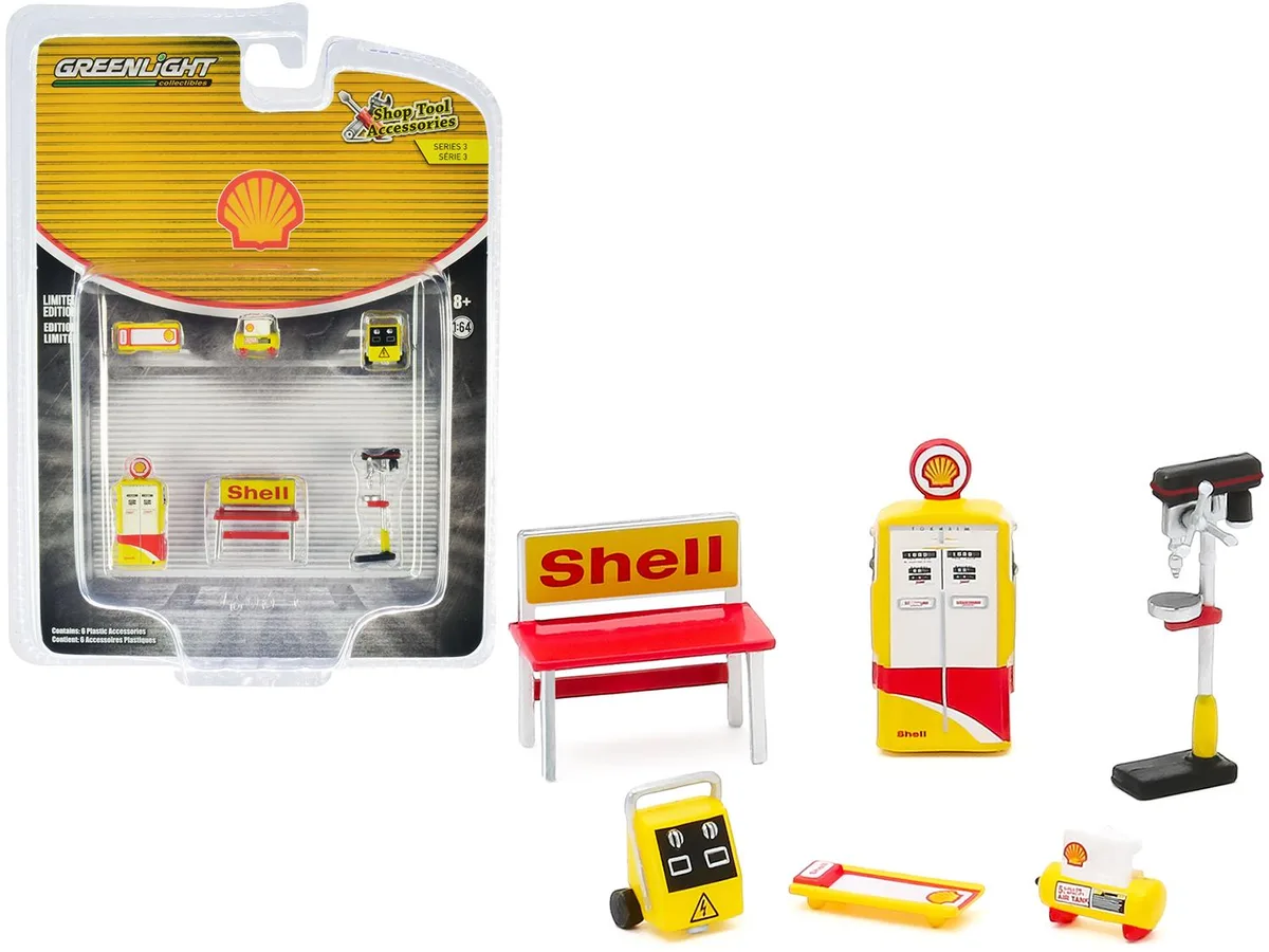 GREENLIGHT GREENLIGHT "Shell Oil" 6 piece Shop Tools Set Series 3 1/64 hobby collectible — product photo