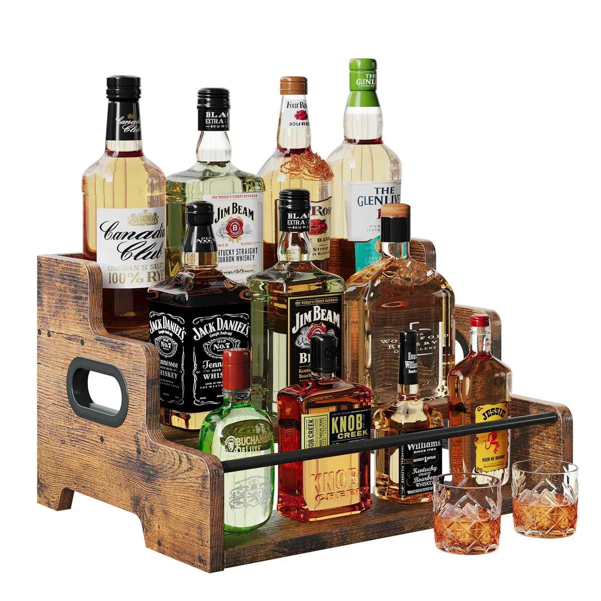 Three-tier brown wood rack with metal front rails and side handle, 12 by 16 by 9.3 inches
