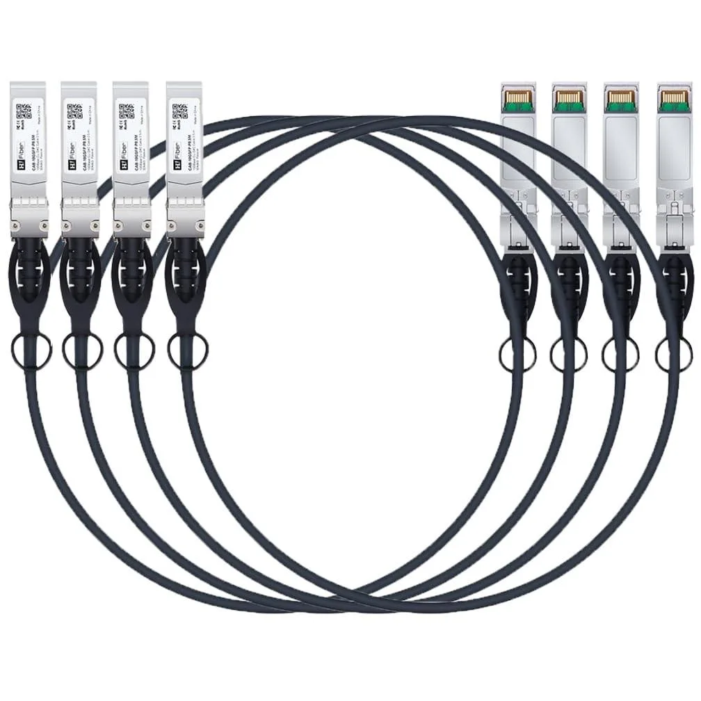 Four SFP+ direct-attach copper cables with black PVC jackets and metal connectors
