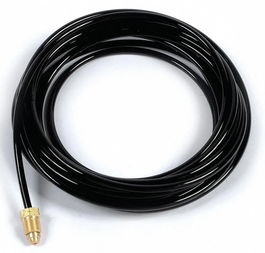 Black vinyl water hose coiled, 25 ft length, Miller Electric branding