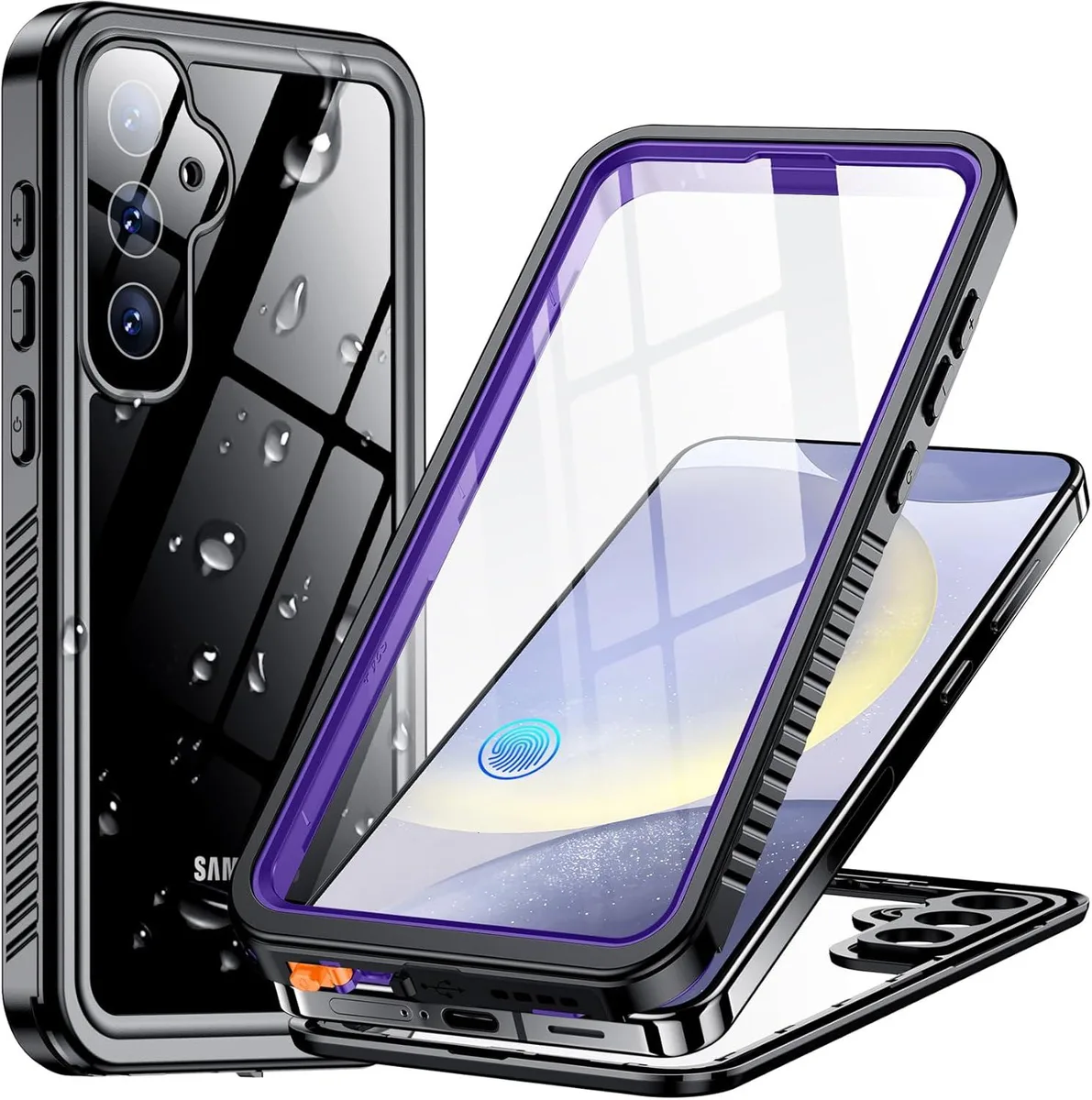 Purple waterproof case for Galaxy S24 with built-in lens and screen protector