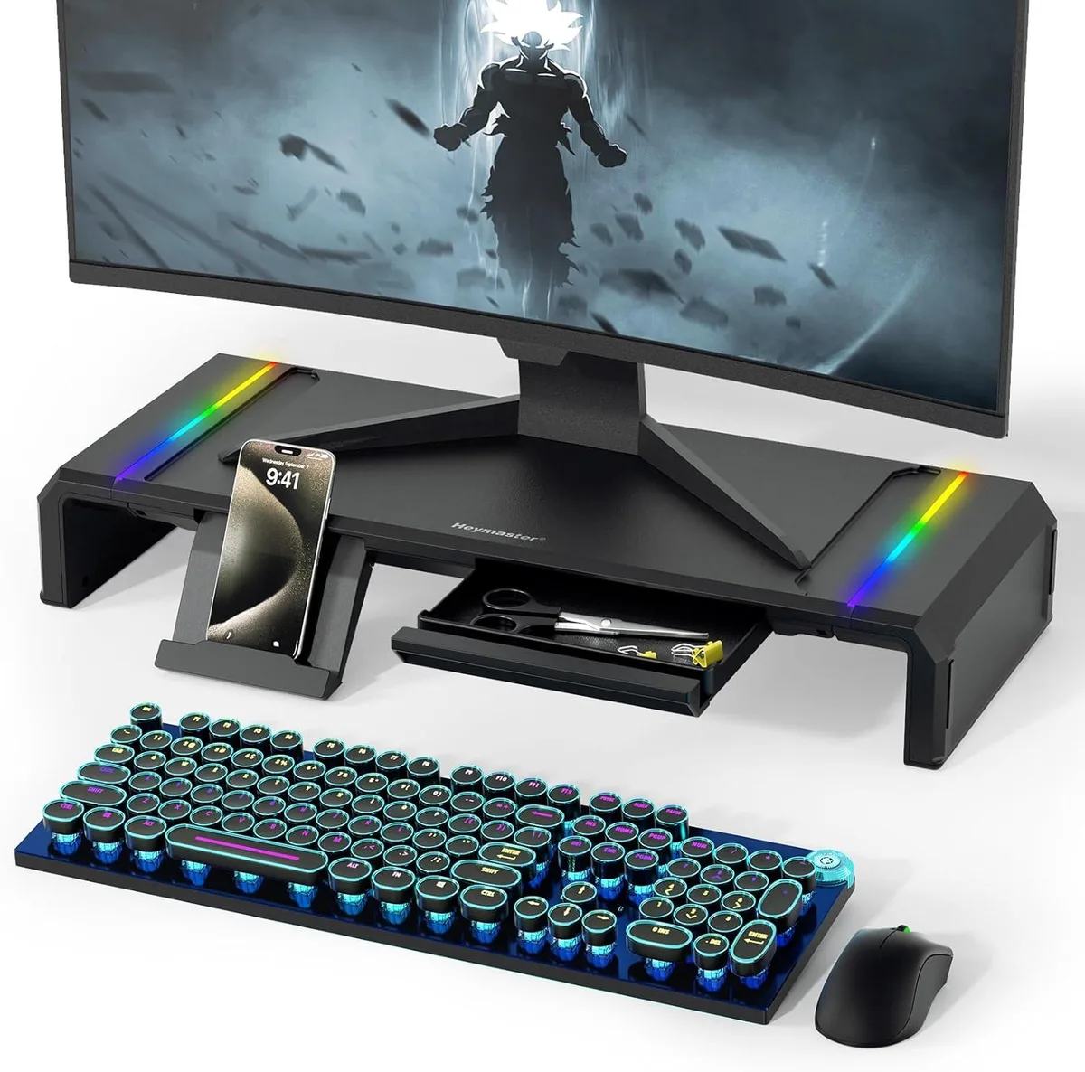 PISKEKAT PISKEKAT Foldable Monitor Stand Riser with RGB Lighting and Drawer (16.5–20.5 in) — product photo