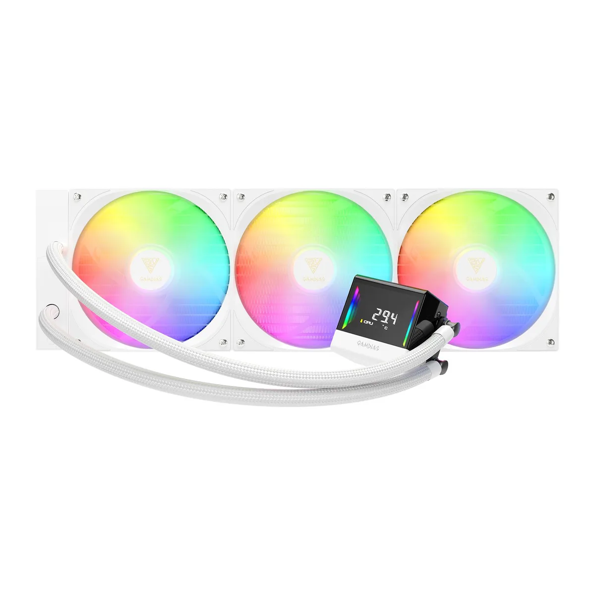 GAMDIAS Technology GAMDIAS CHIONE E4-420 WHITE liquid cooler 420mm CPU temp display — product photo