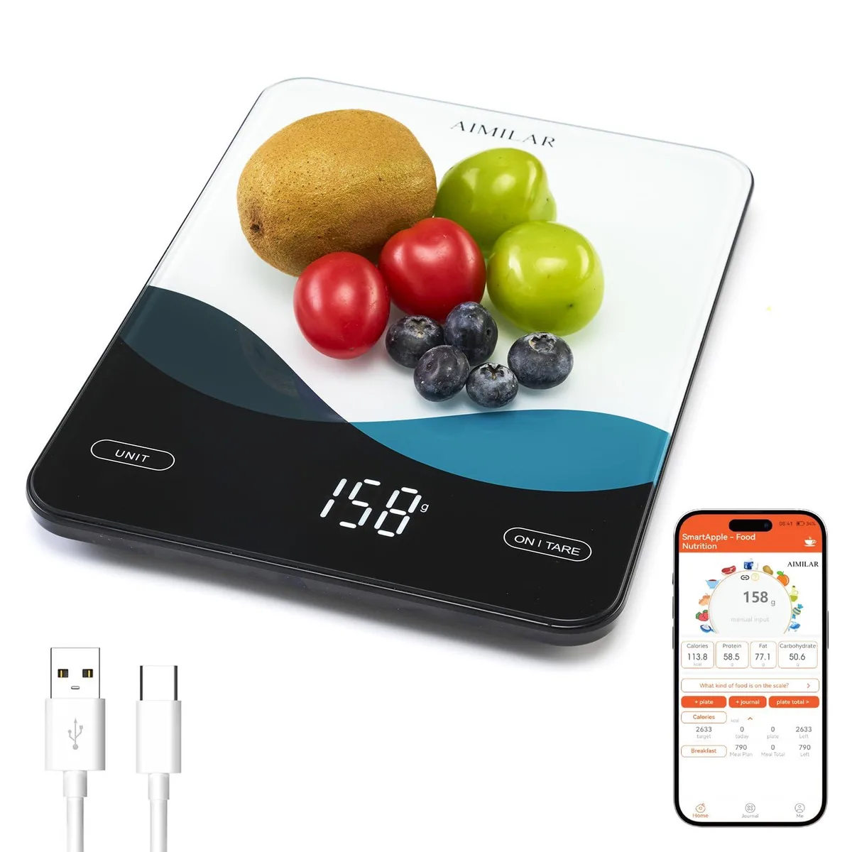 Yellow rectangular kitchen scale on tempered glass with LED display