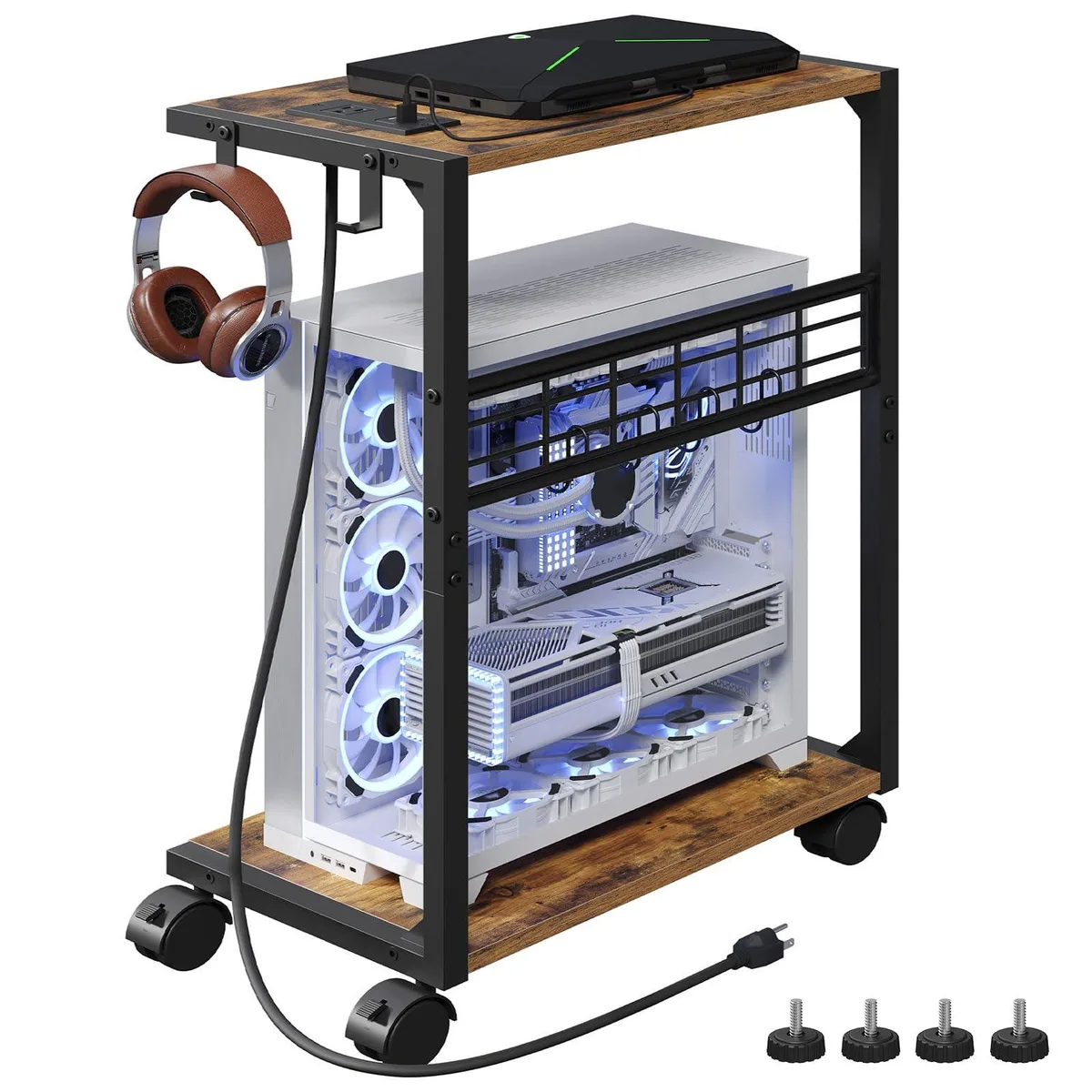 Rustic brown PC stand with metal frame, engineered wood panels, wheels and charging station