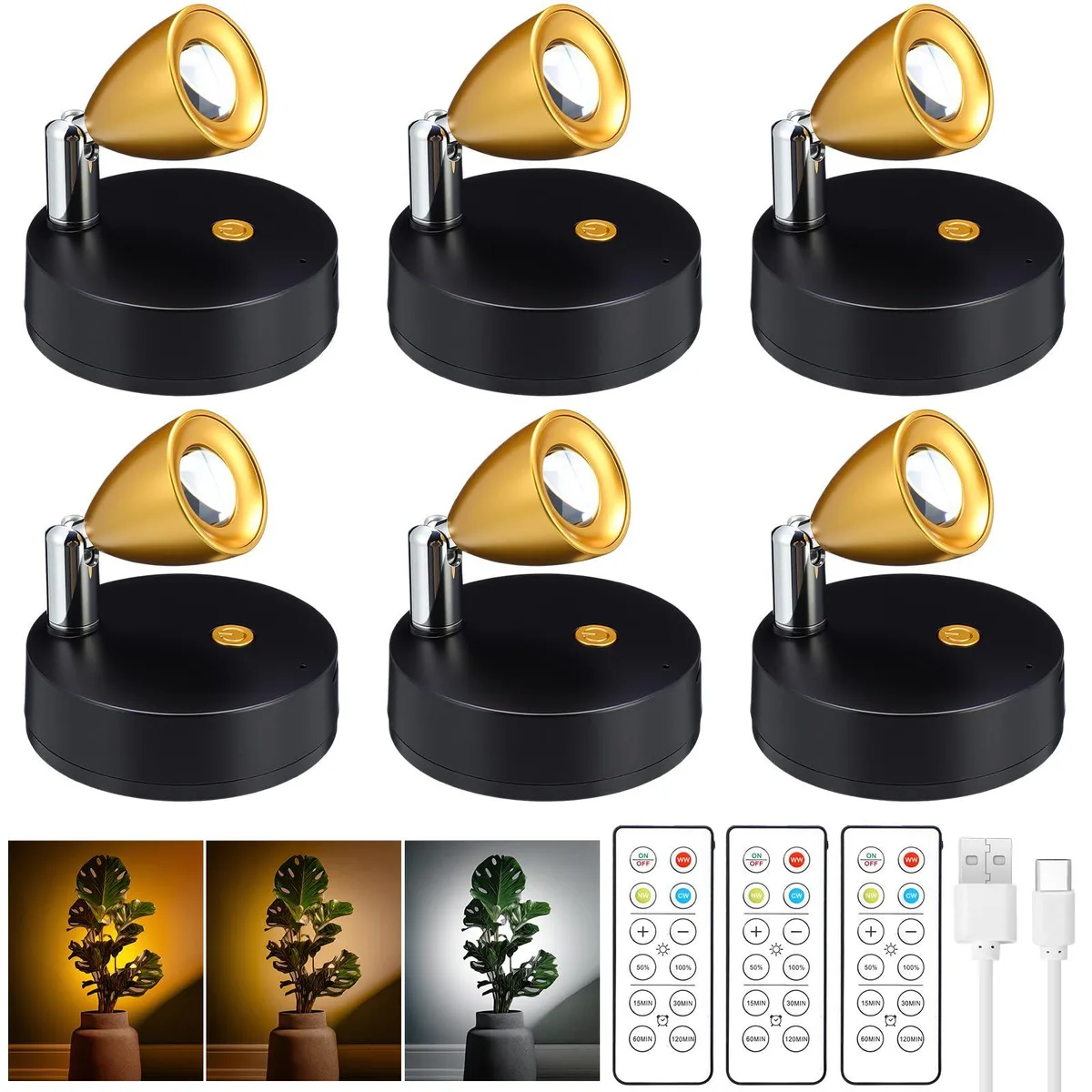 Six gold mini spotlights with clear prismatic lenses and remote controls