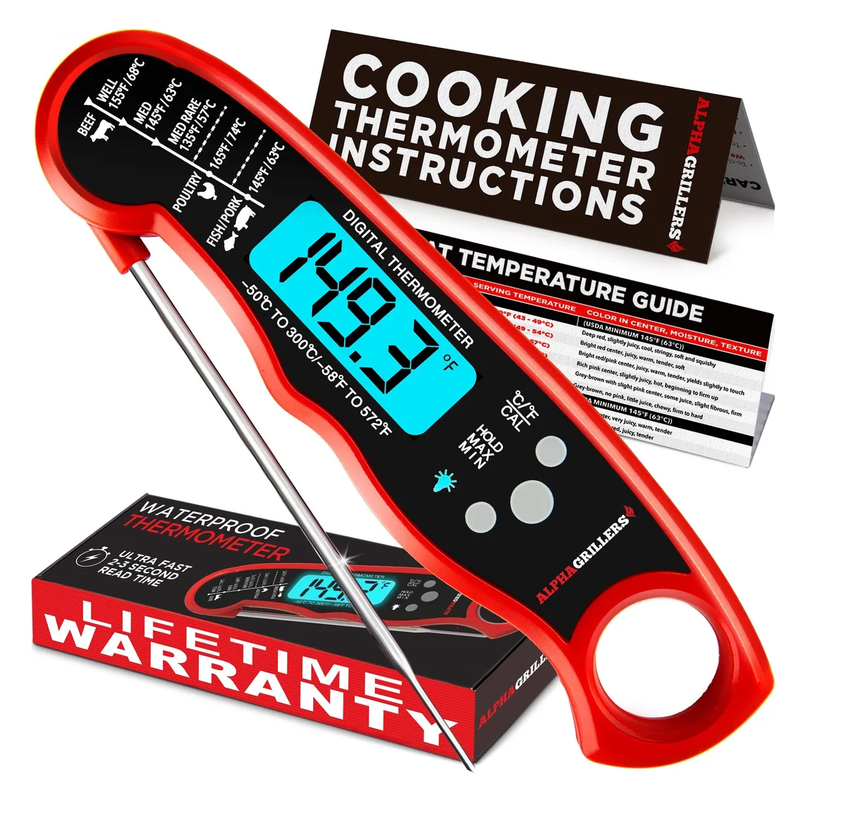 Black and red digital meat thermometer with fold-out probe, IP67 waterproof rating