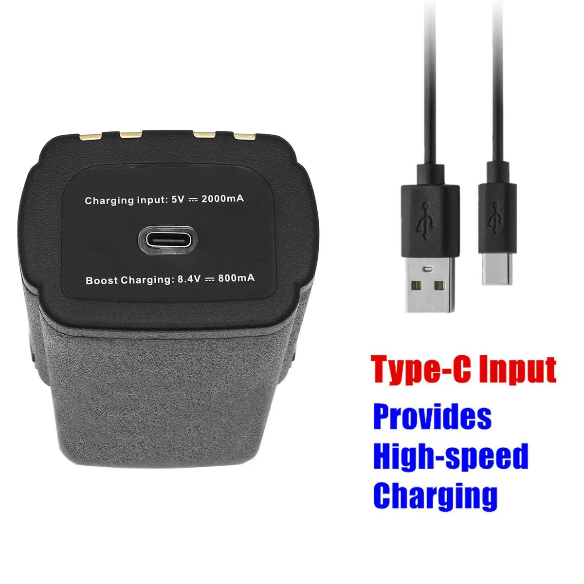 Rectangular two-way radio battery pack in black plastic housing with gold contacts