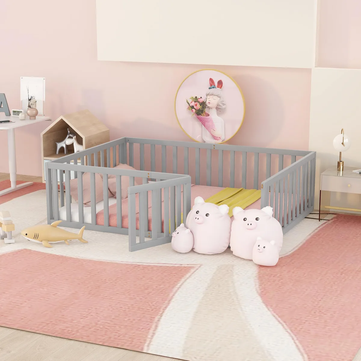 tuphen tuphen Full Size Wood Daybed Frame with Fence Gray 77.2" x 56.1" x 21.7 — product photo