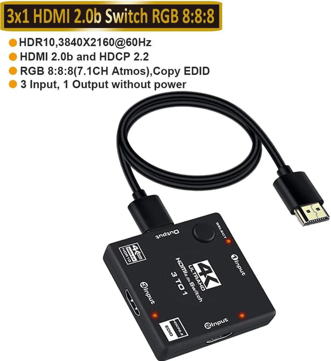 Vszerda Vszerda HDMI Switch 3 in 1 Out 4K 60Hz 18Gbps 3.9FT Cable — product photo