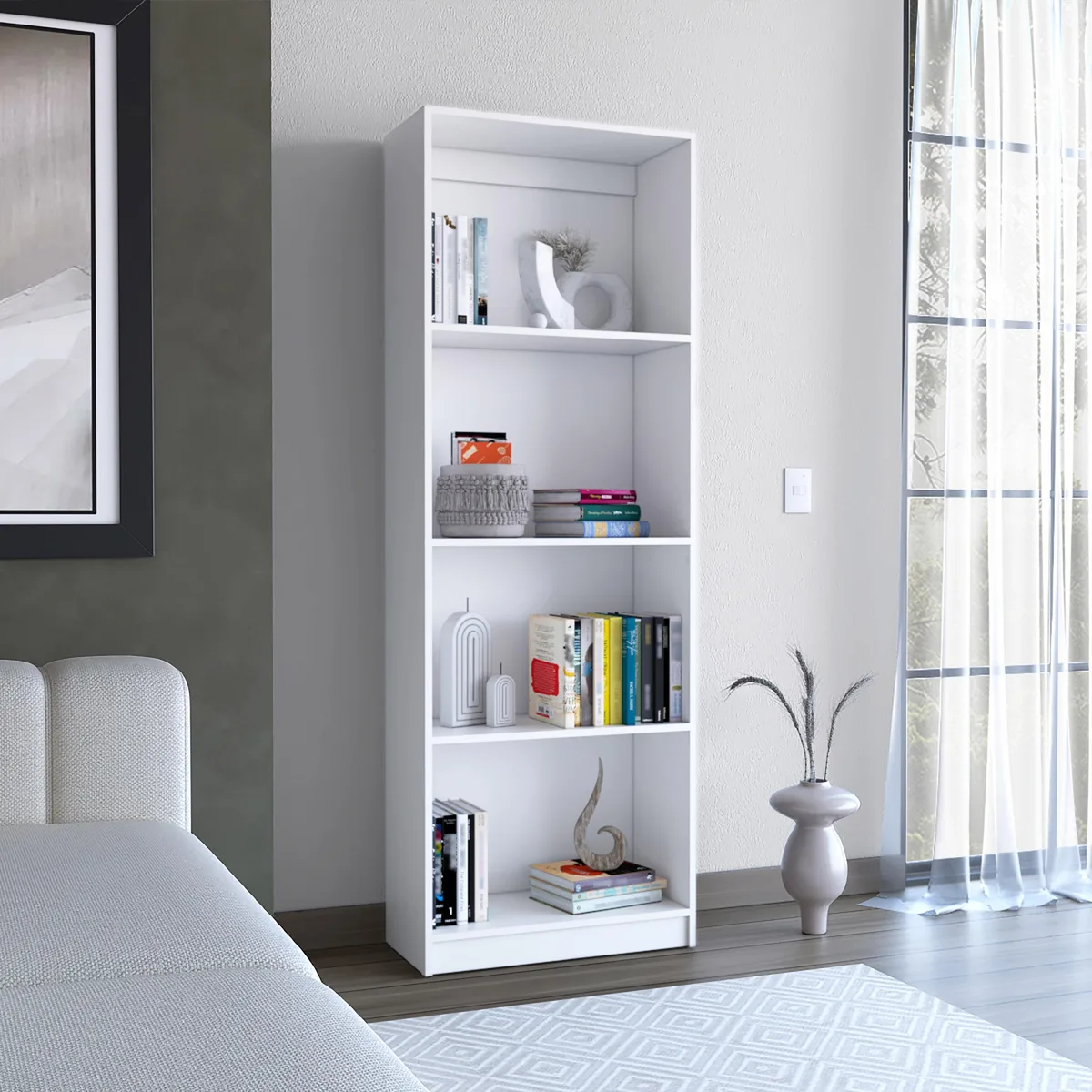 White four-tier bookshelf with rectangular shelves and open back
