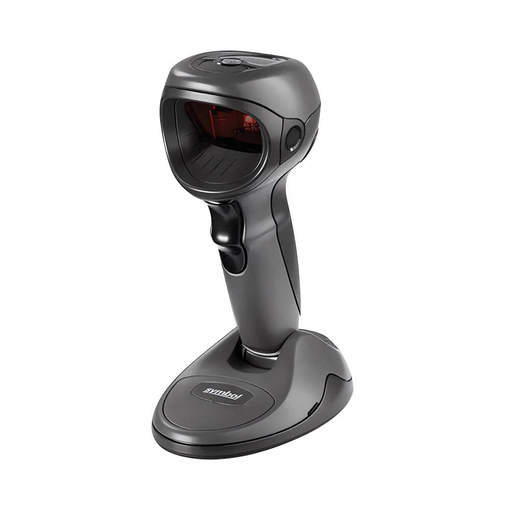 Black handheld barcode scanner with trigger and USB cable