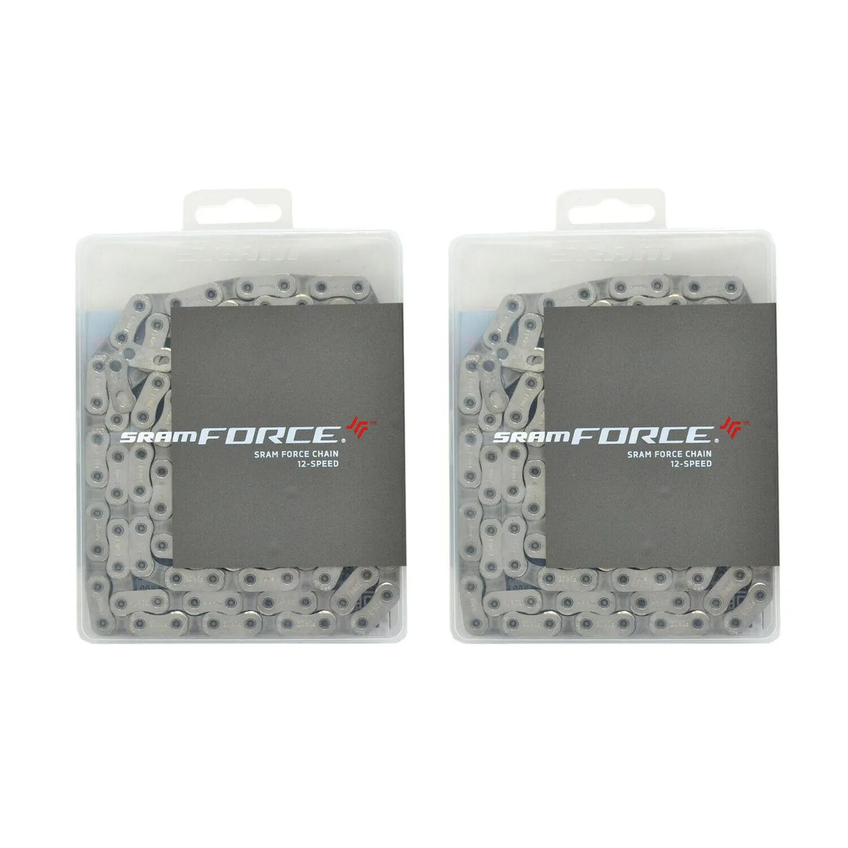 Two silver 12-speed bicycle chains, 120 links each, chrome inner and nickel outer finish