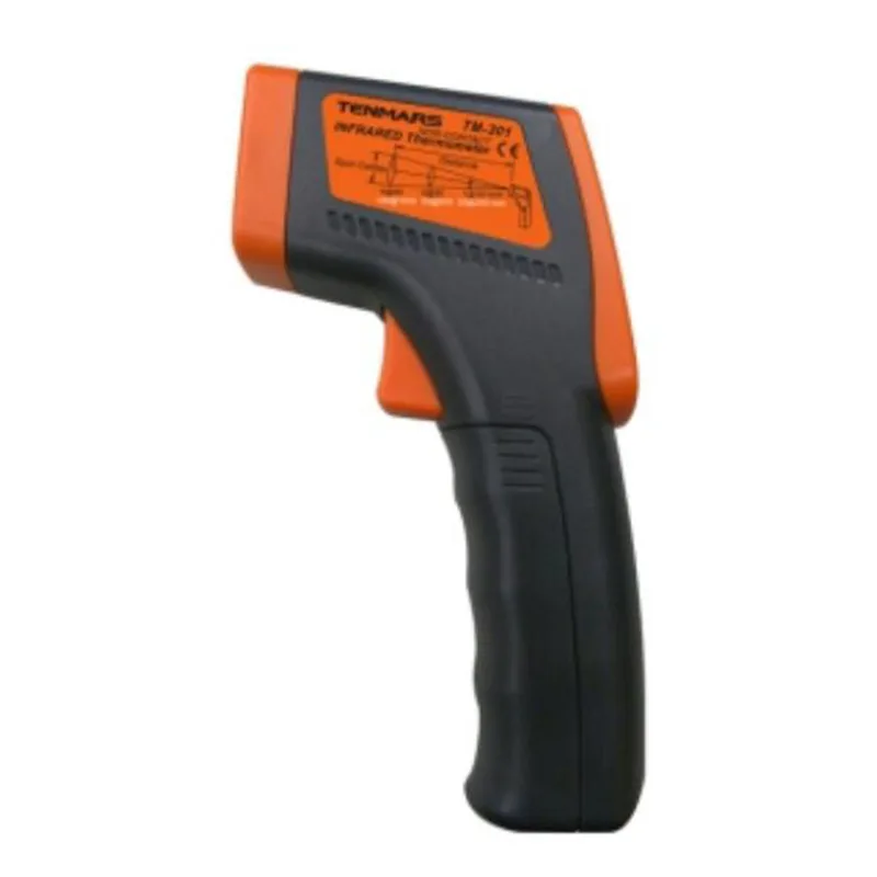 Red handheld IR thermometer with backlit LCD display and laser pointer