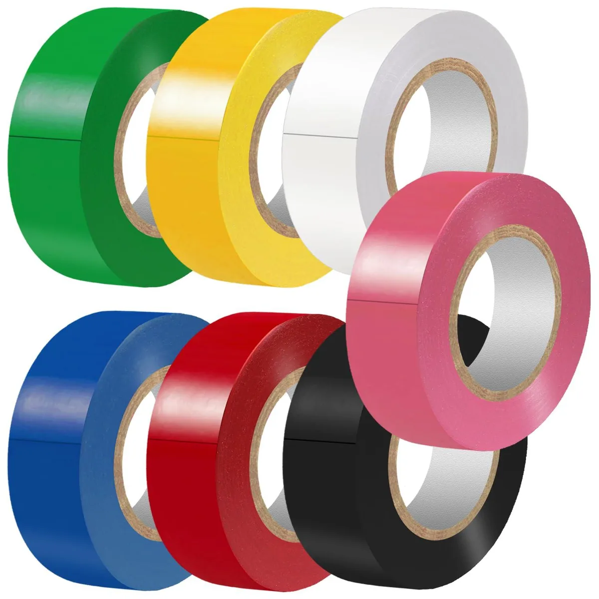 Seven rolls of coloured electrical tape in a pack