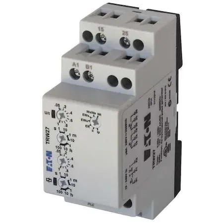 Eaton TRW27 square relay in light grey housing with rotary dial and screw terminals