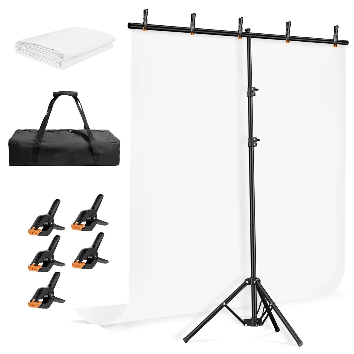 White backdrop cloth on black metal T-shaped stand with carrying bag and clamps
