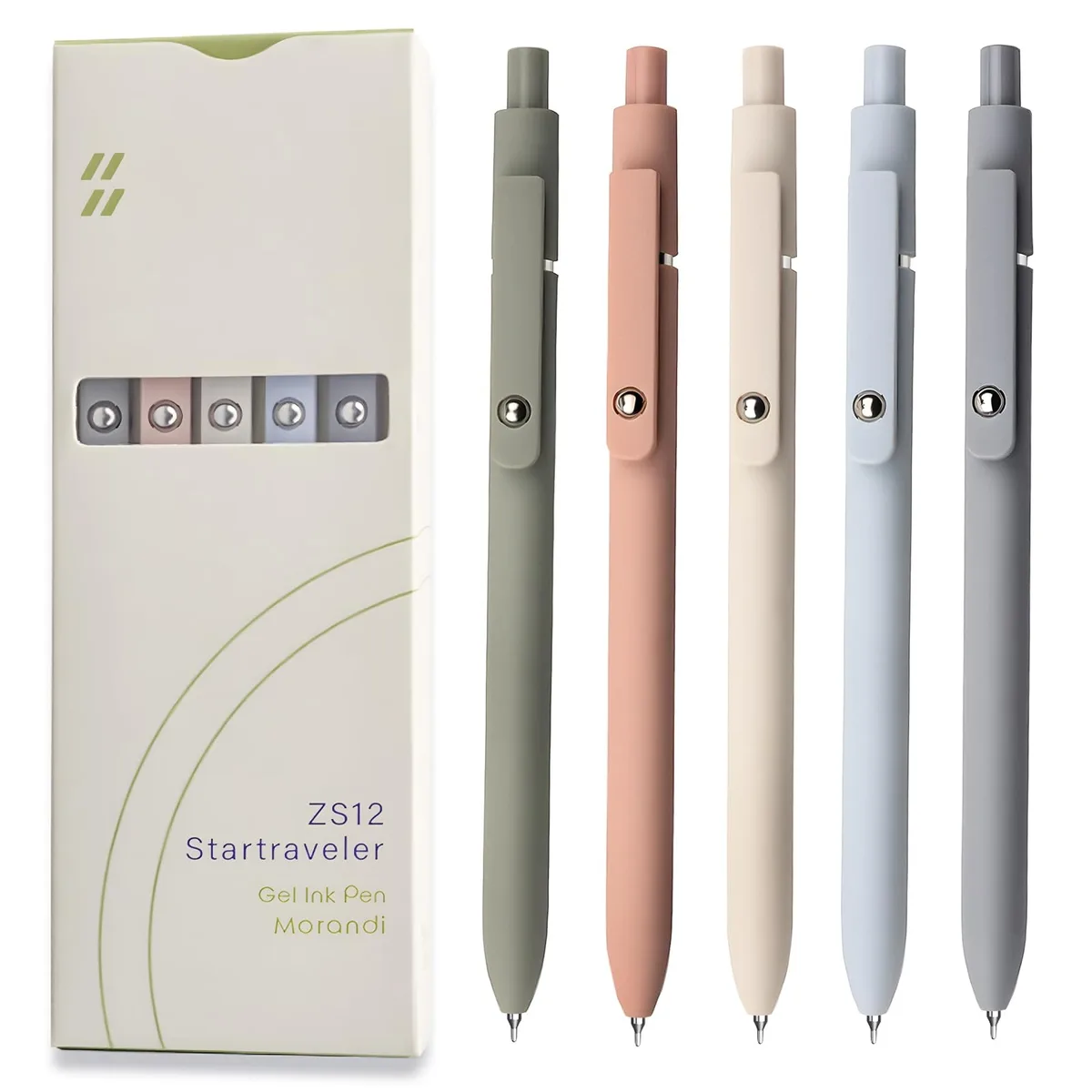 Five matte plastic gel pens in Morandi colours with clips