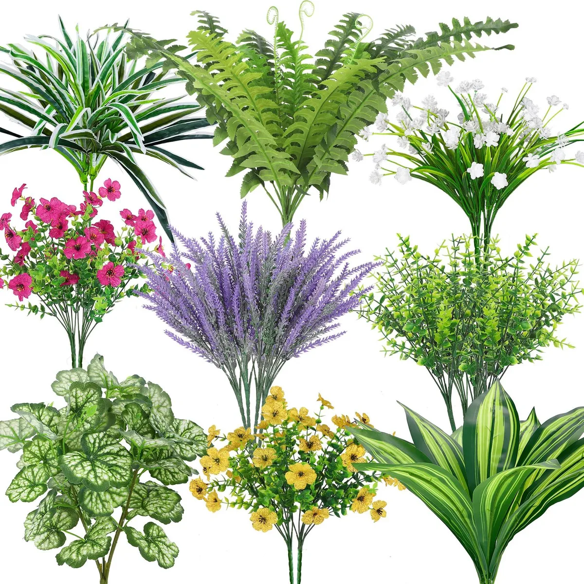 Twenty-piece floral arrangement in green plastic stems with mixed purple, yellow, white and red blooms