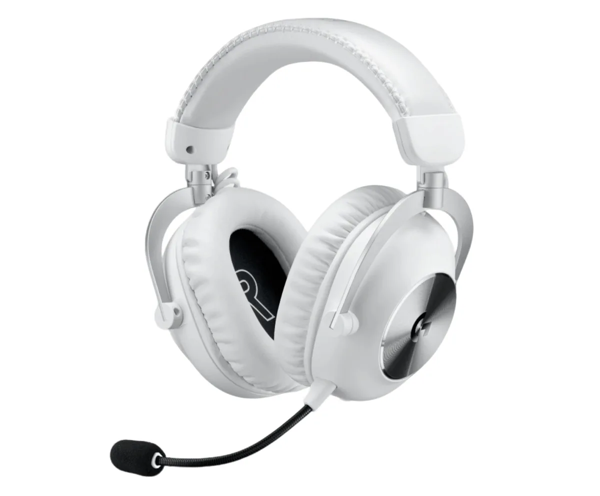 White over-ear gaming headset with detachable boom mic and memory foam pads