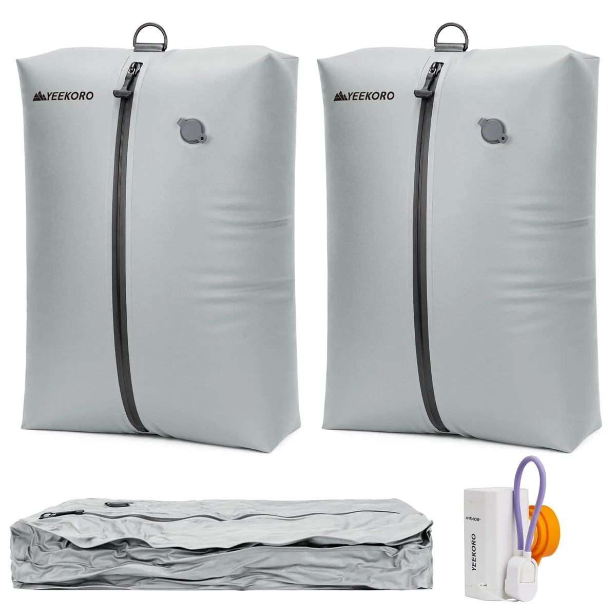 Two gray rectangular vacuum compression bags with zipper closure and a small pump included