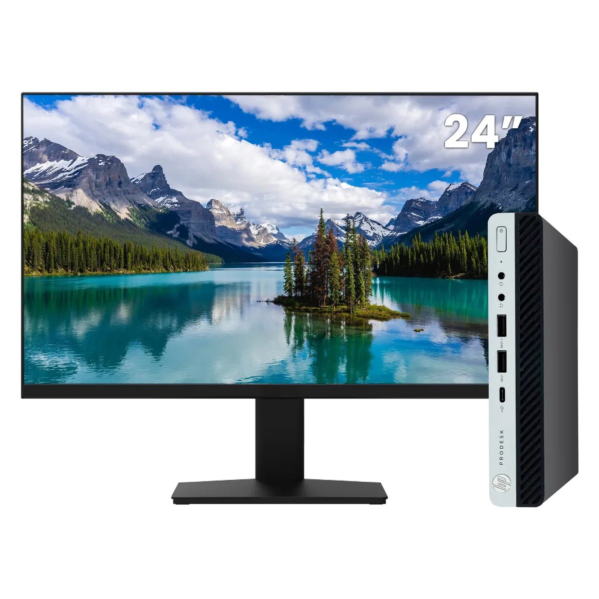 HP HP ProDesk 600 G5 Tiny desktop PC i5-9500T 32GB 512GB NVMe 24" monitor — product photo