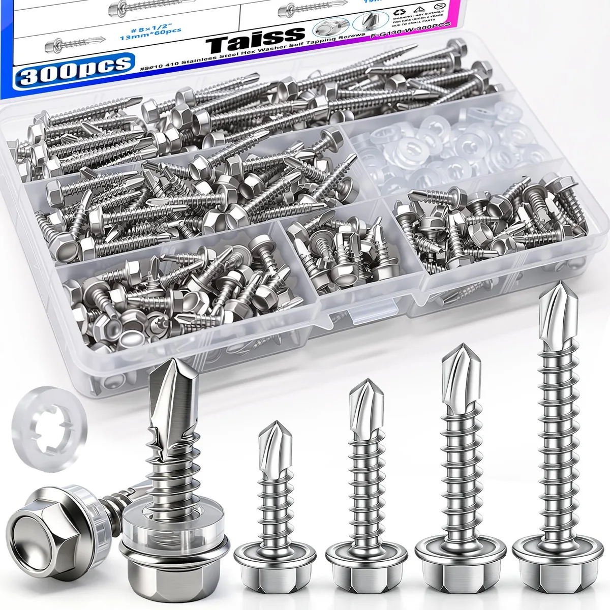 Taiss F-G130-W-300PCS #8#10 Self-Drilling Screw Kit 300PCS Machine Shop Hardware — product photo