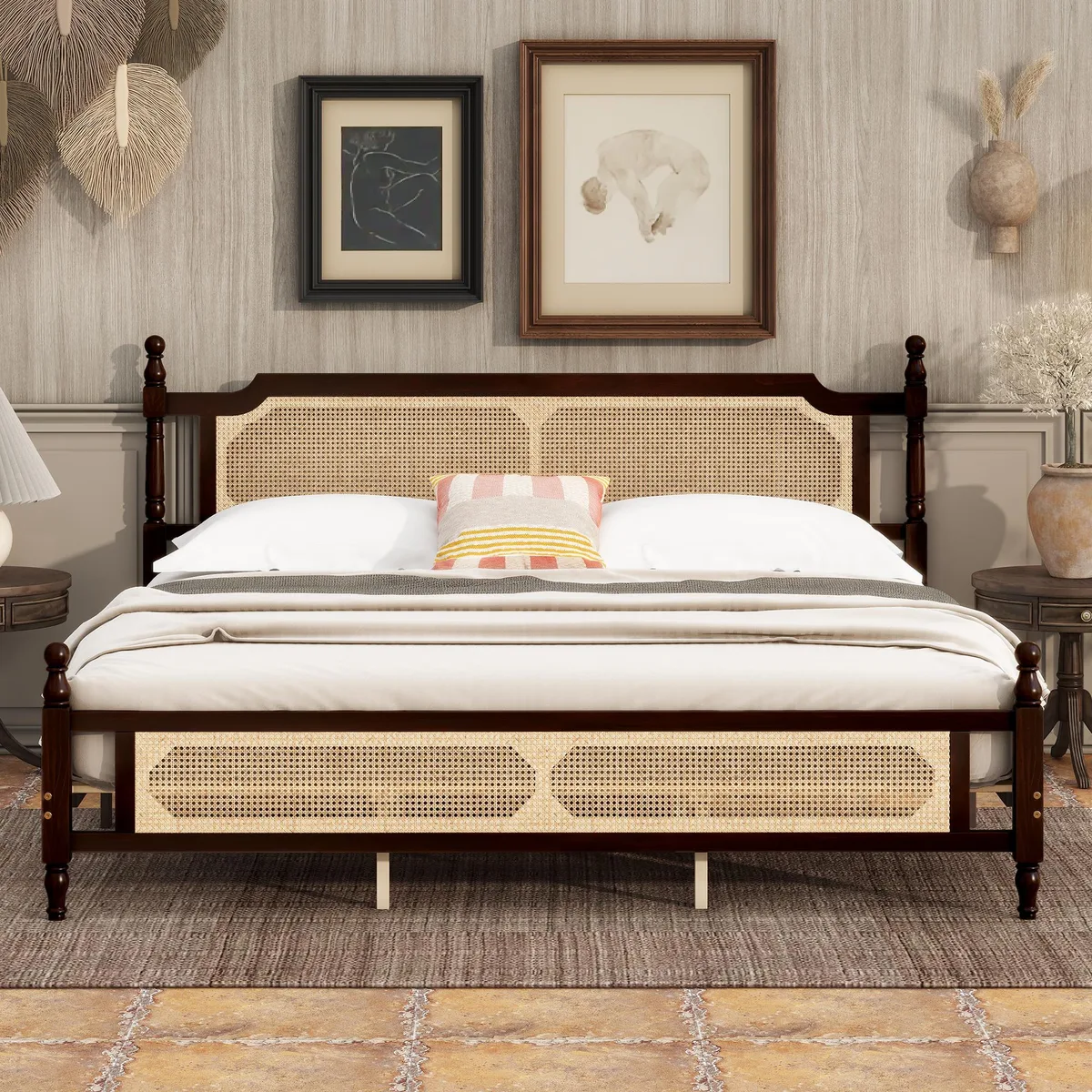 King-size pine bed with rattan headboard, footboard, spherical bedposts, espresso finish