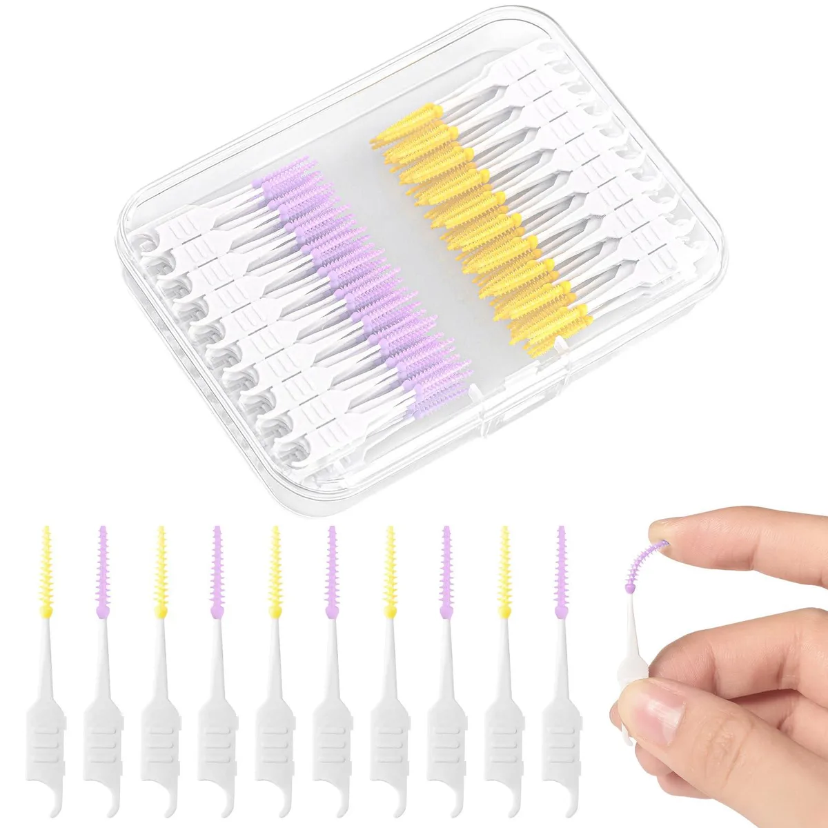 250 yellow and purple silicone interdental brushes in a transparent storage case