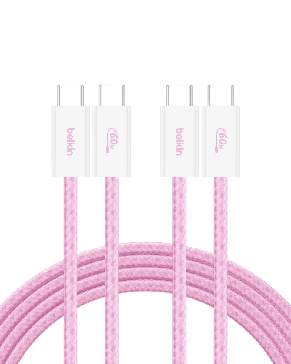 Belkin USB-C to USB-C 60W Braided Cable 2 Pack 6.6ft Pink — product photo
