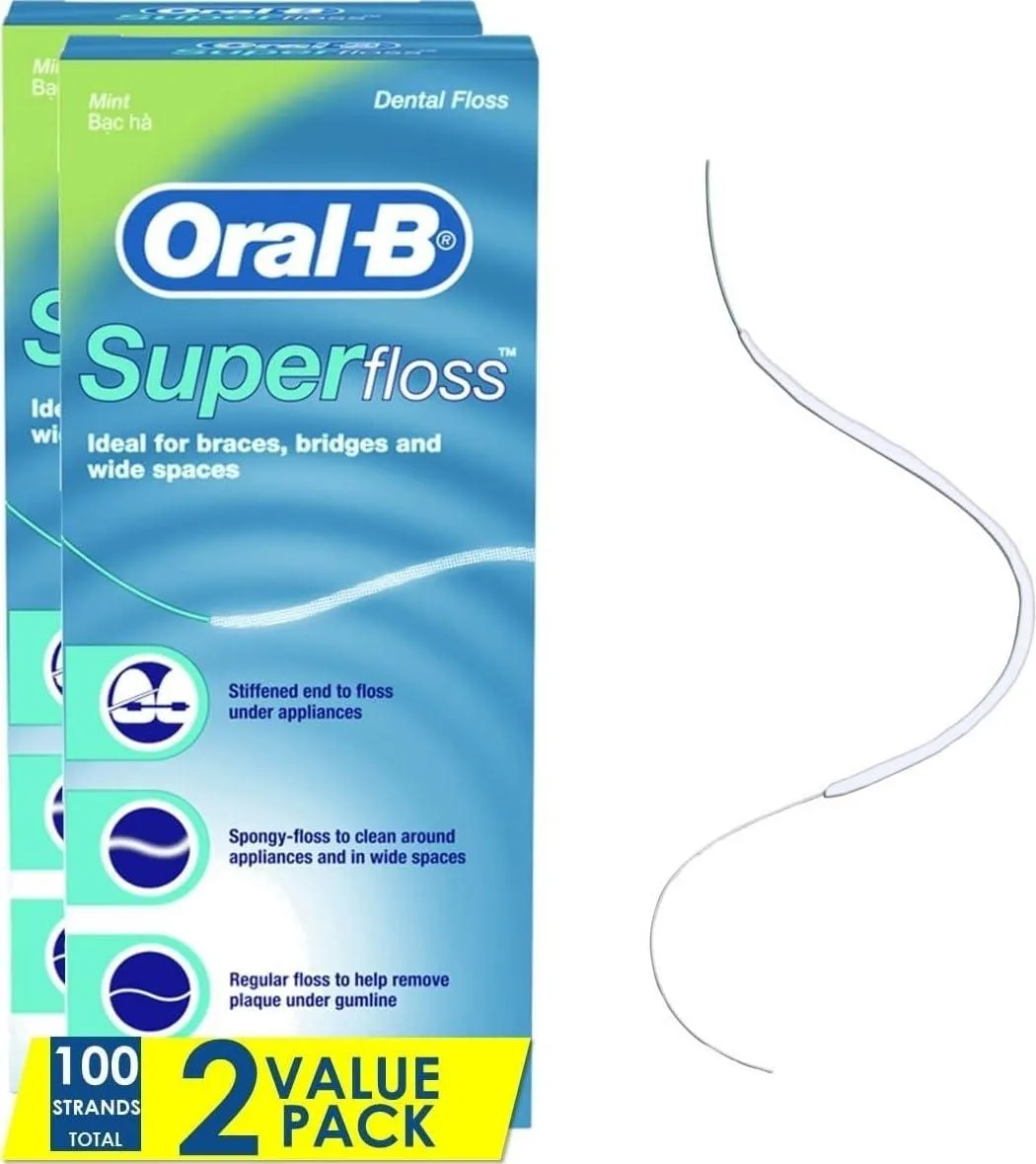 Two white boxes of Oral-B Super Floss mint strands