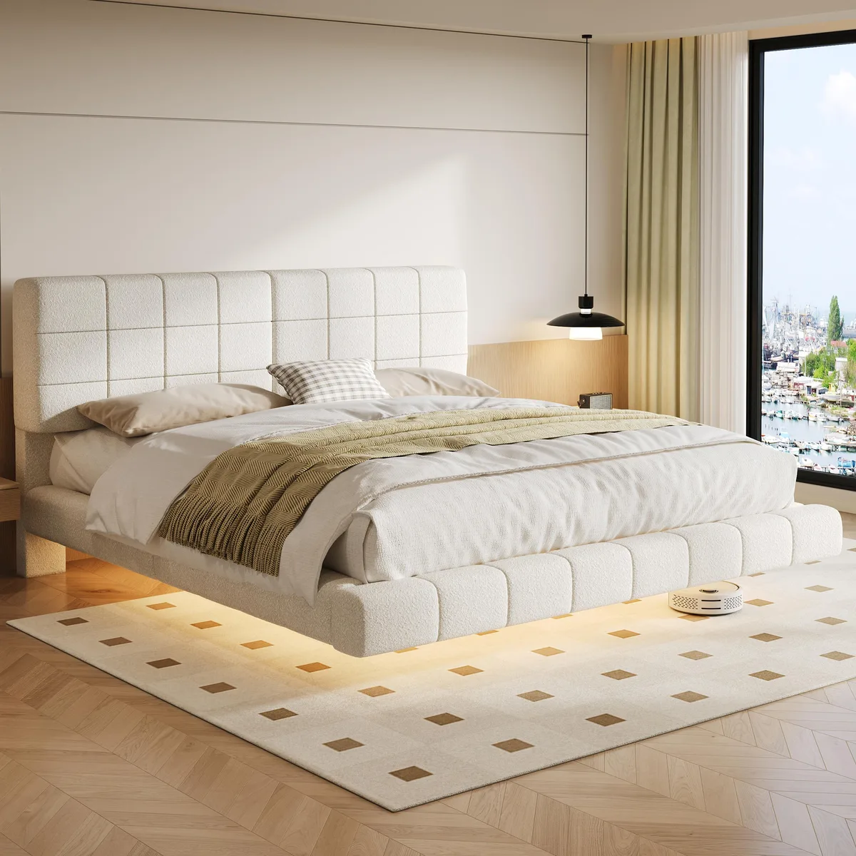 White boucle floating bed frame with integrated LED light strip, king size