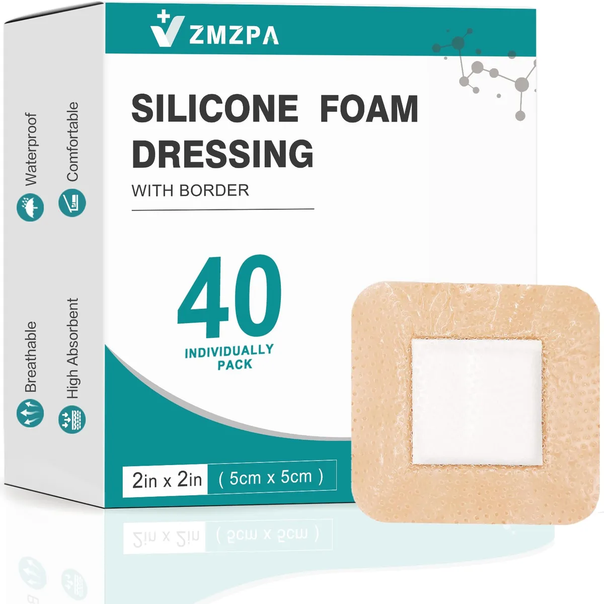 Box of forty 2x2 inch silicone foam dressings with border