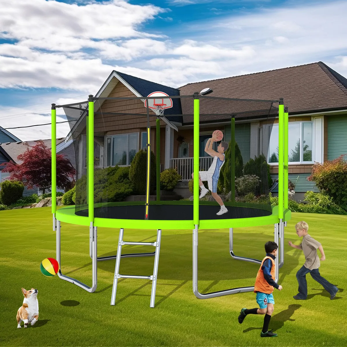 MERSCO MERSCO 12ft Trampoline Blue with Basketball Hoop and Safety Net — product photo