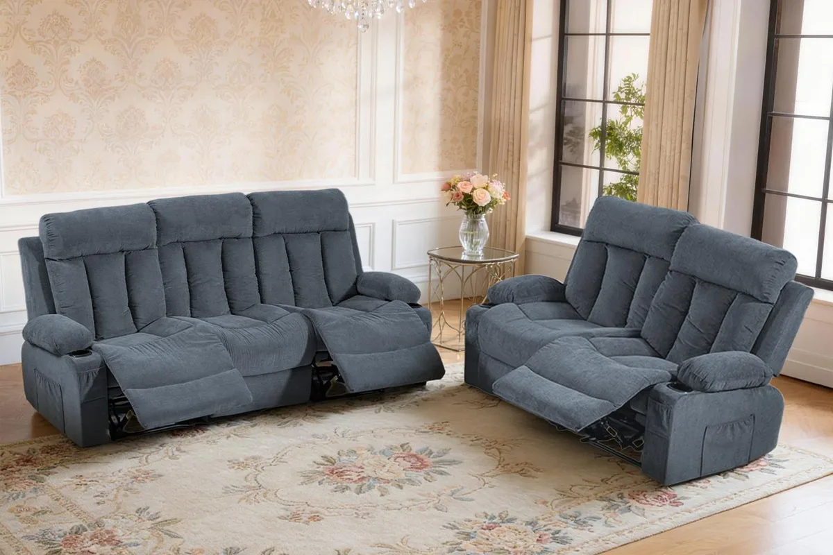 Two-piece blue fabric recliner set, sofa and loveseat with cup holders