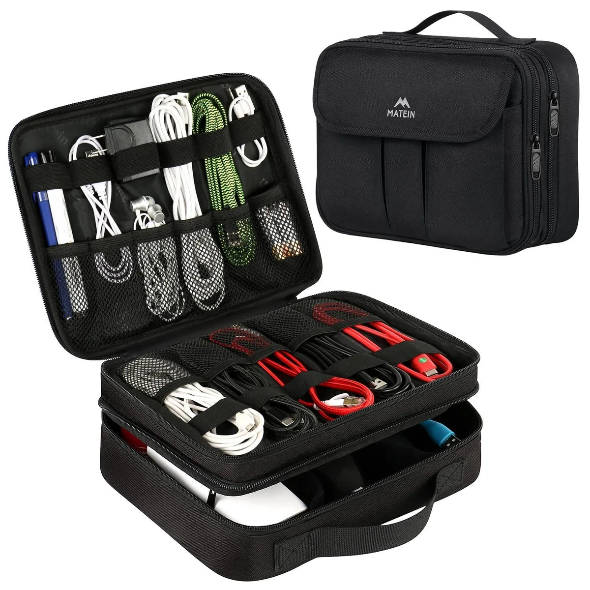 Small grey rectangular travel organiser case with top handle and padded water-repellent nylon finish