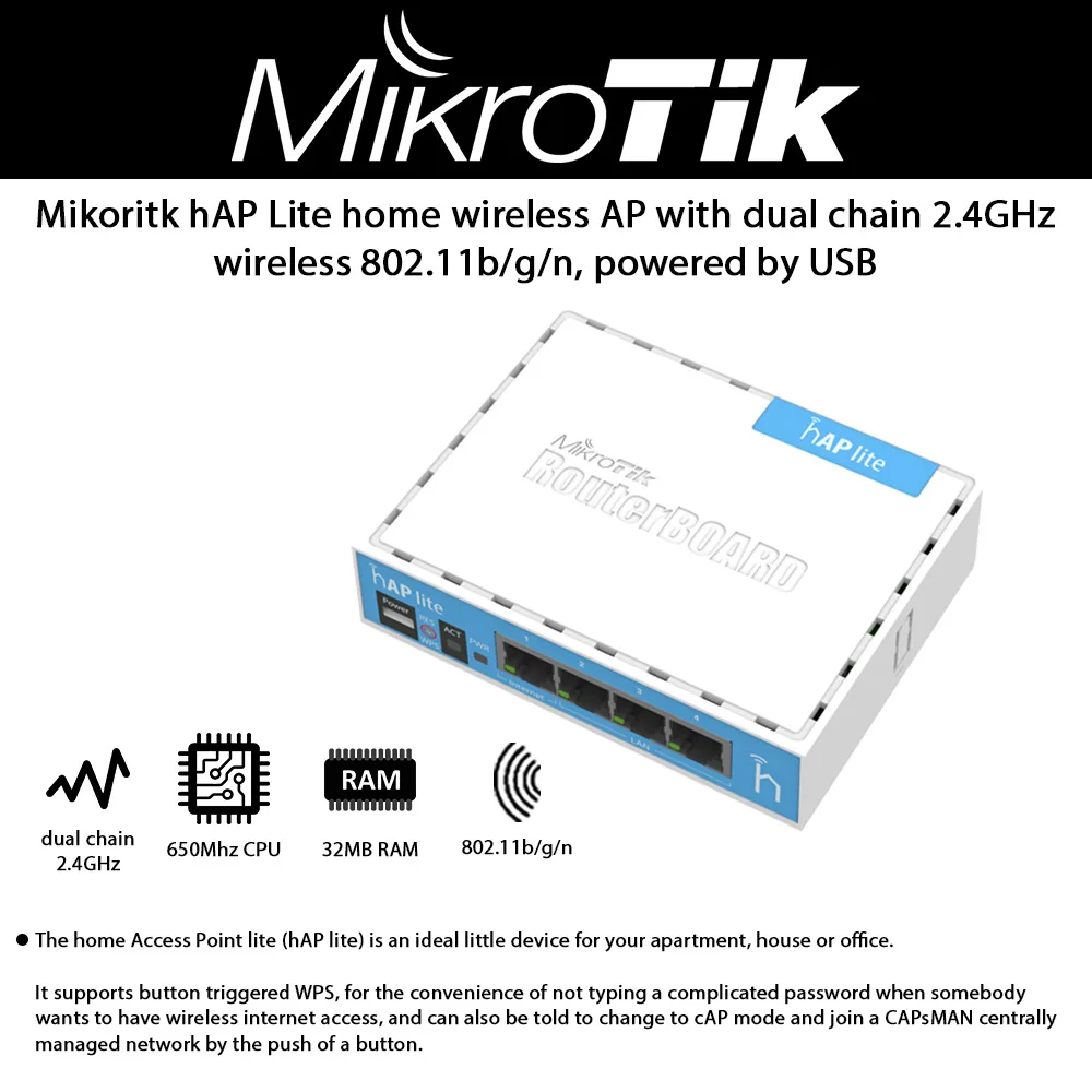 Mikrotik Mikrotik hAP Lite RB941-2nD 650MHz 32MB 2.4GHz access point — product photo