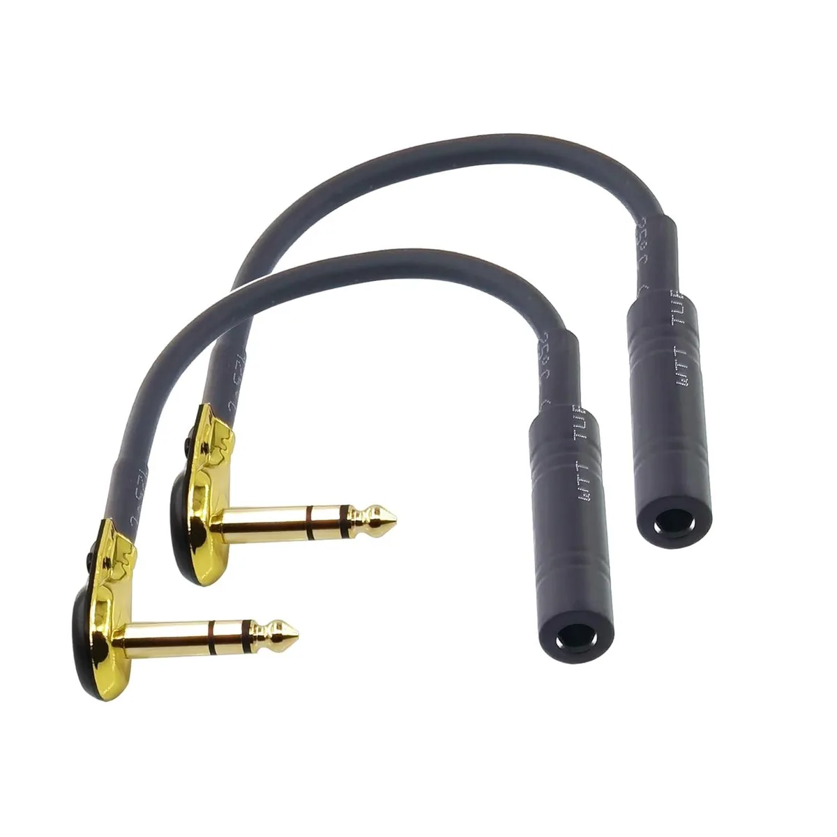 Two right-angle 6.35 mm mono TS adapters with gold-plated plugs and short braided cables