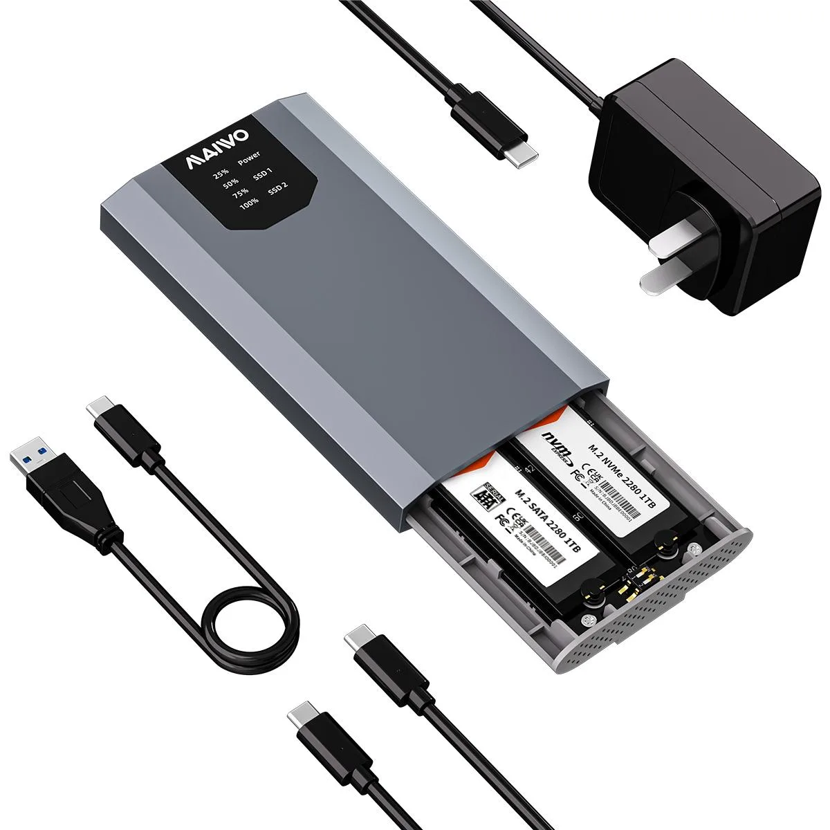 MAIWO MAIWO Dual-Bay M.2 SATA Enclosure Cloner 10Gbps USB3.2 Gen2x2 2230 2242 2260 2280 — product photo