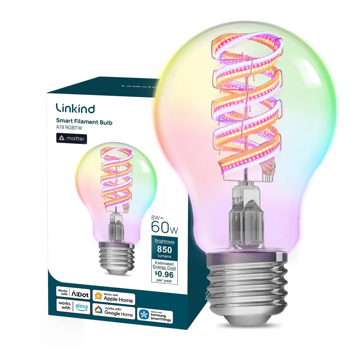  Linkind Matter A19 E26 Smart LED Bulb 850lm 1800-6500K 16M Colors — product photo