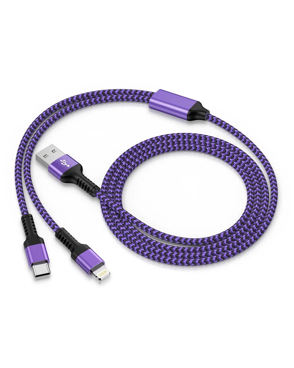  Honor Multi Charger Cable Samsung Gala 2-in-1 Lightning USB-C Purple 15W 3A 4ft — product photo