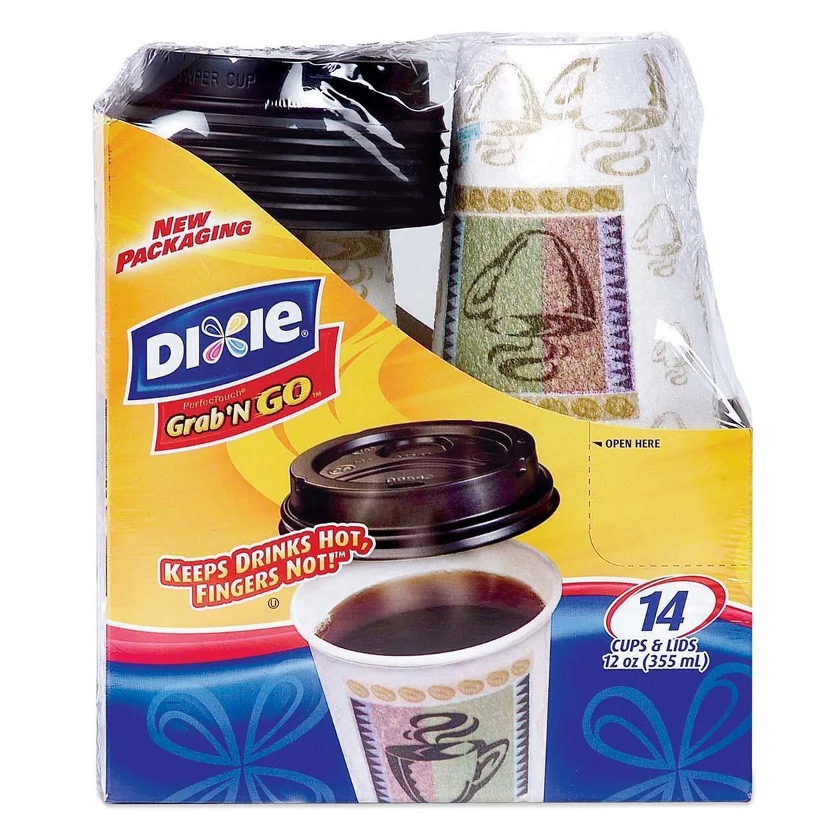 Combo pack of 14 white 12 oz hot cups with 14 matching lids