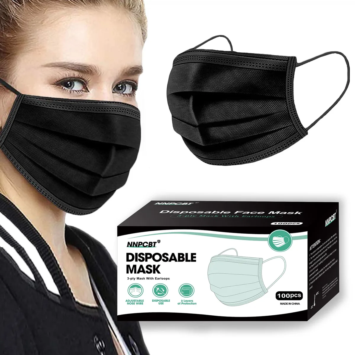 Flat rectangular box containing 100 black three-layer non-woven masks with elastic ear loops