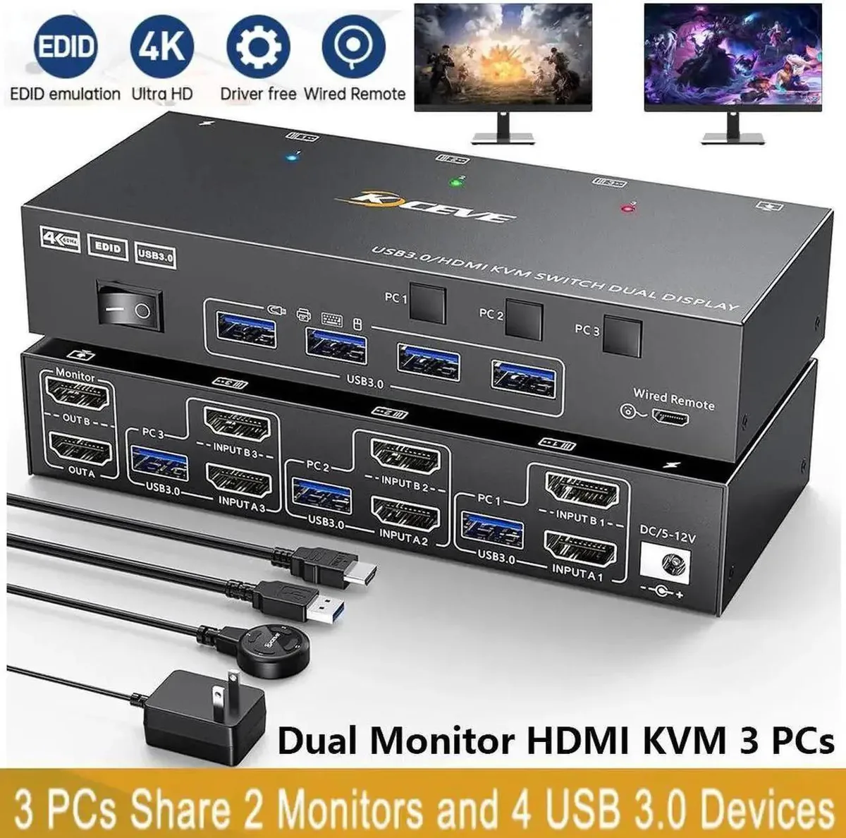 Vszerda Vszerda 3-PC 2-Monitor HDMI KVM Switch 4K@60Hz EDID USB 3.0 — product photo