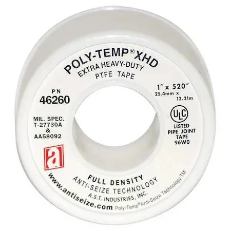 White PTFE thread-seal tape on a 1-inch-wide spool, 520 inches long