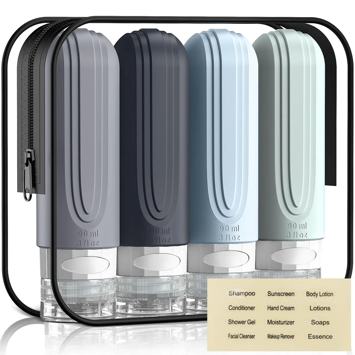 Gray silicone travel bottle set in clear zip pouch