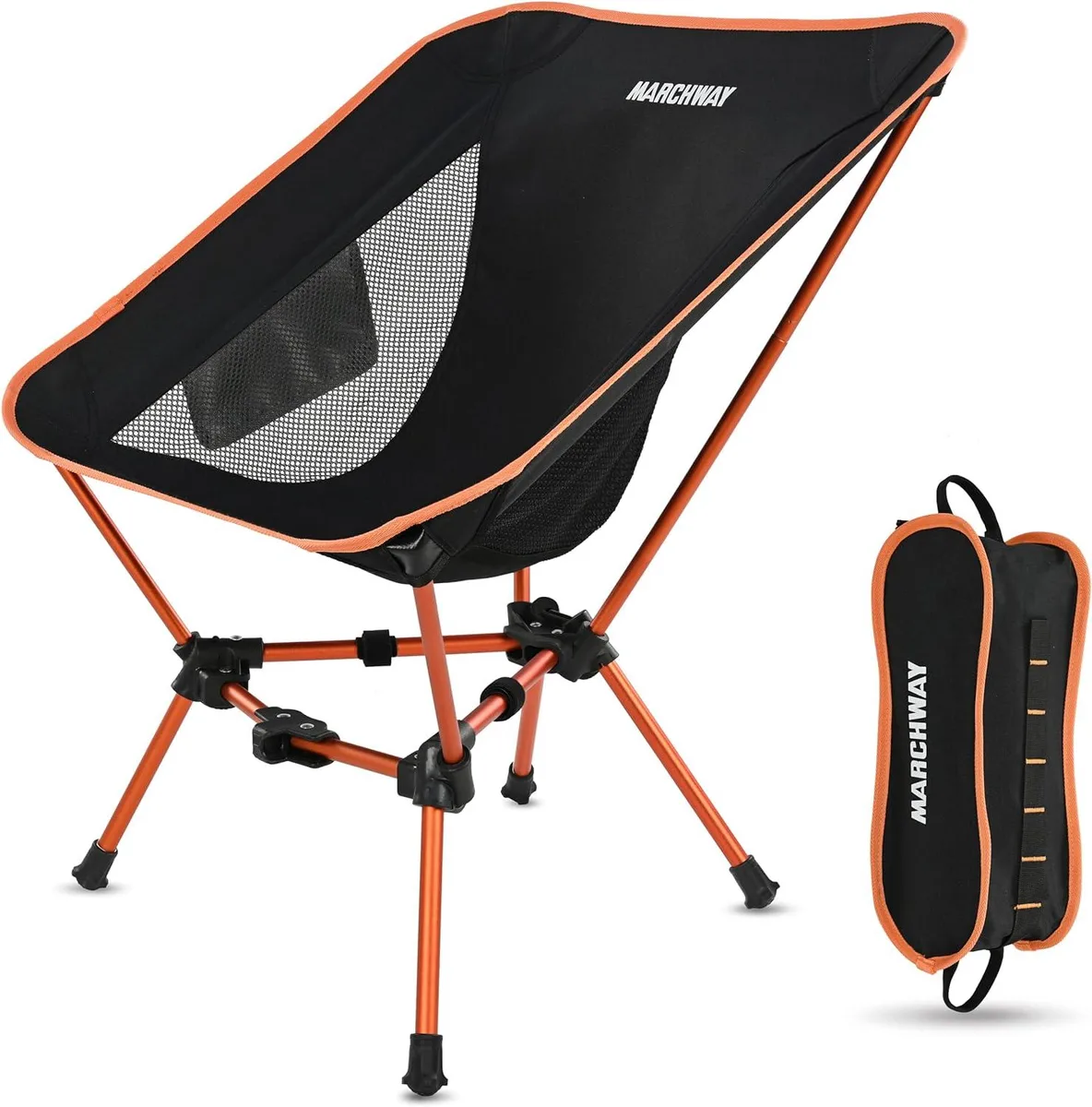 Orange lightweight folding camping chair with triangular aluminum frame and carry bag