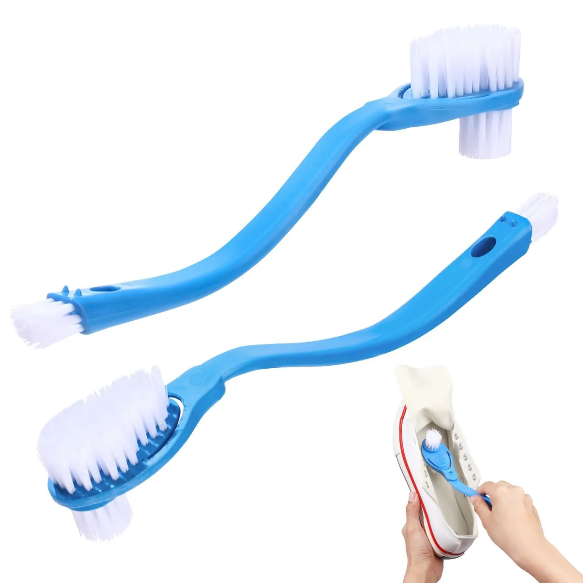 Two yellow 10in double-sided shoe brushes with curved handles and hanging holes