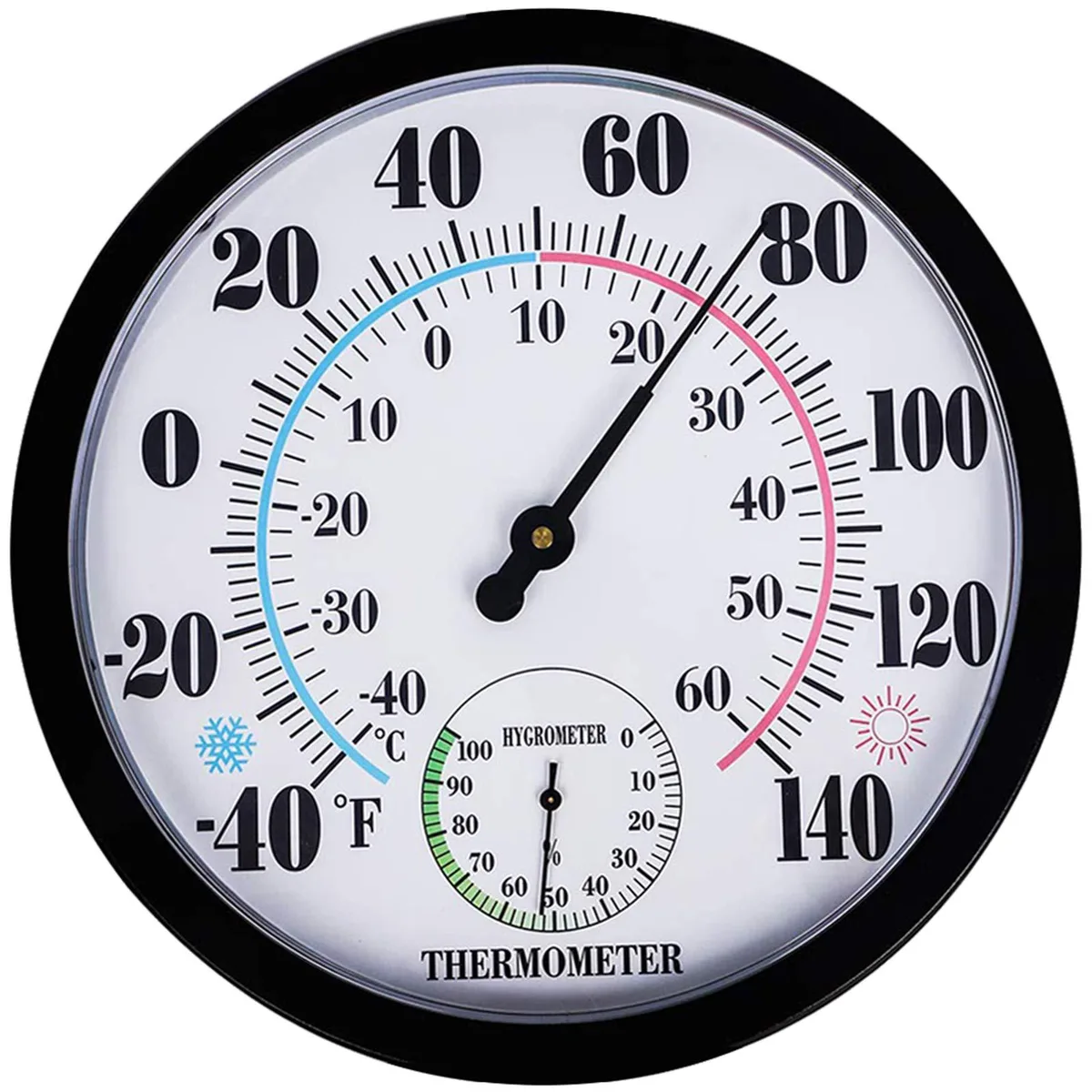Black 10 inch wall thermometer hygrometer with white dial, black numbers, red blue green lines